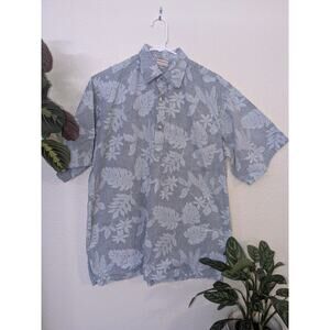 Go Barefoot Hawaiian Shirt Sz L 100% Cotton Light Blue Tropical Leaf Print
